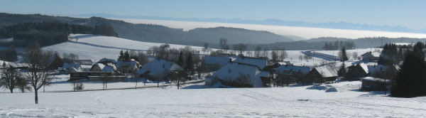 Blick nach Sdosten ber Schnenbach ber den nebligen Hochrhein zu den Alpen am 9.1.2009